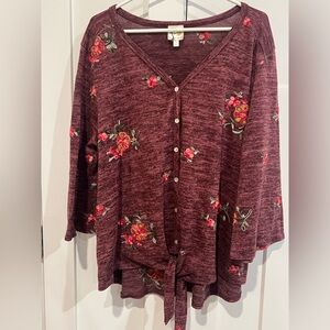 Woman’s 3x xxxl Fig and Flower Maroon embroidered sweater